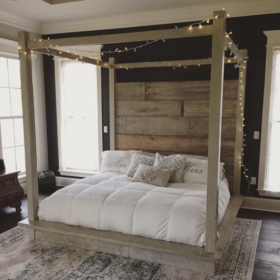 canopy bed, fairy lights, gray beige canopy bed