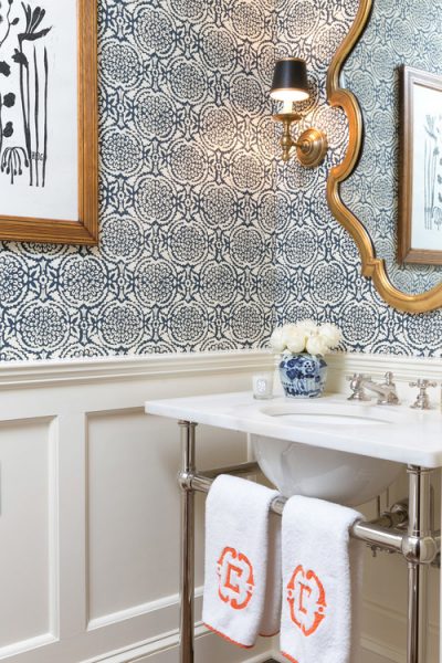 bathroom mirror, bathroom wallpaper, washstand, metal washstand