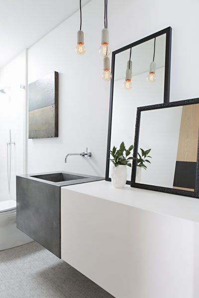 bathroom mirror, bathroom vanity, concrete bathroom sink, concrete sink