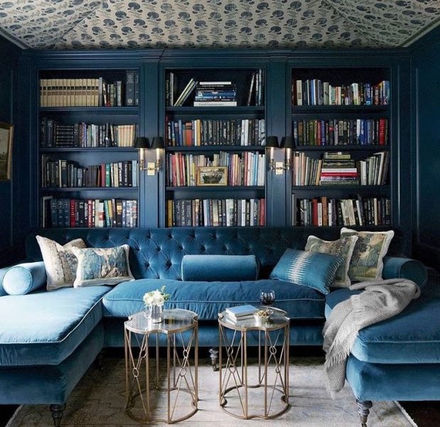 Contemporary Living Room Design with Dark Blue Sofa Set | Livspace