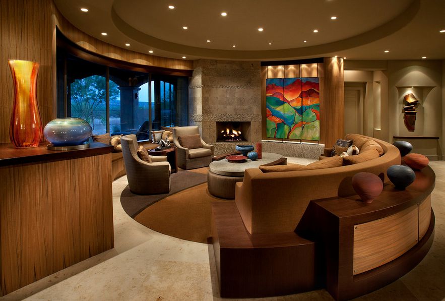 curved sofa, round living room