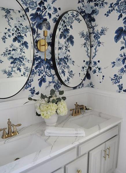 blue wallpaper, blue floral wallpaper, floral wallpaper, round black mirror, round black bathroom mirror, bathroom remodel