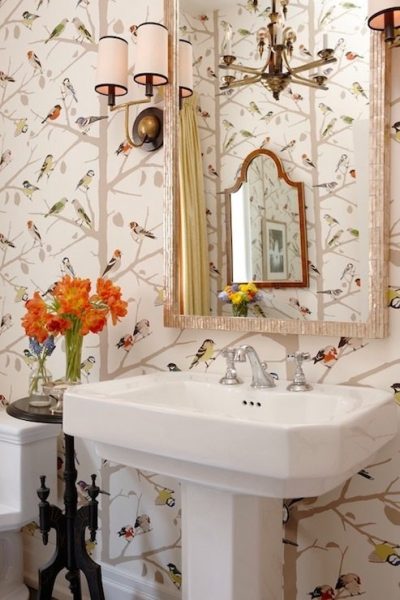 birds wallpaper, bird wallpaper, birds and tree branches wallpaper, pedestal sink, bathroom wallpaper