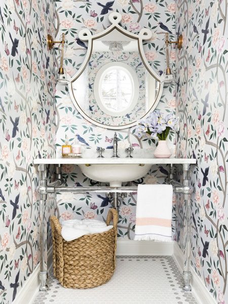 bathroom remodel, wallpaper, bathroom wallpaper, floral wallpaper 
