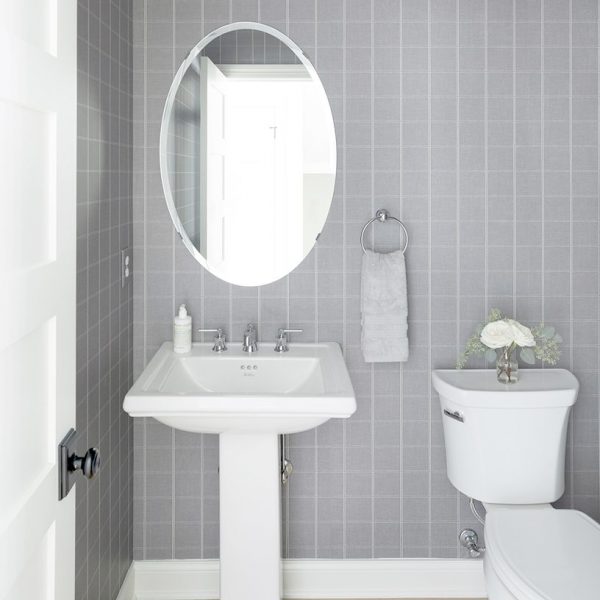 bathroom mirror, round bathroom mirror, pedestal sink, bathroom remodel, bathroom wallpaper