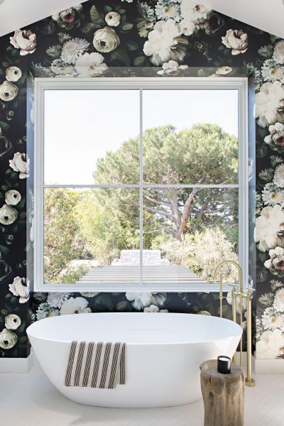 floral wallpaper, black floral wallpaper, dark floral wallpaper, bathroom wallpaper, bathroom tub, free standing tub