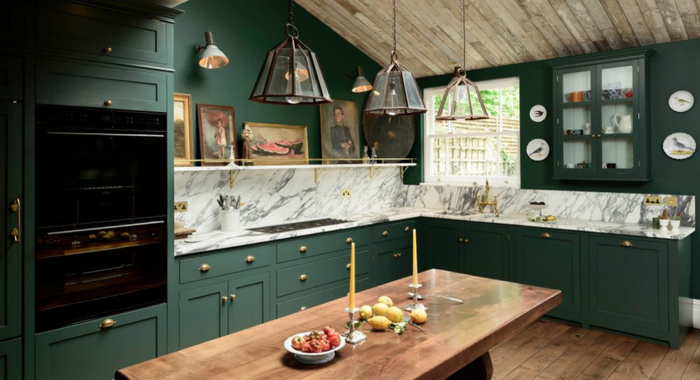 green and marble kitchen