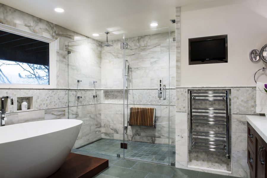 freestanding tub, walk in shower, marble tile
