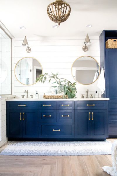 blue bathroom vanity, blue vanity, double vanity, gold hardware, gold bathroom hardware