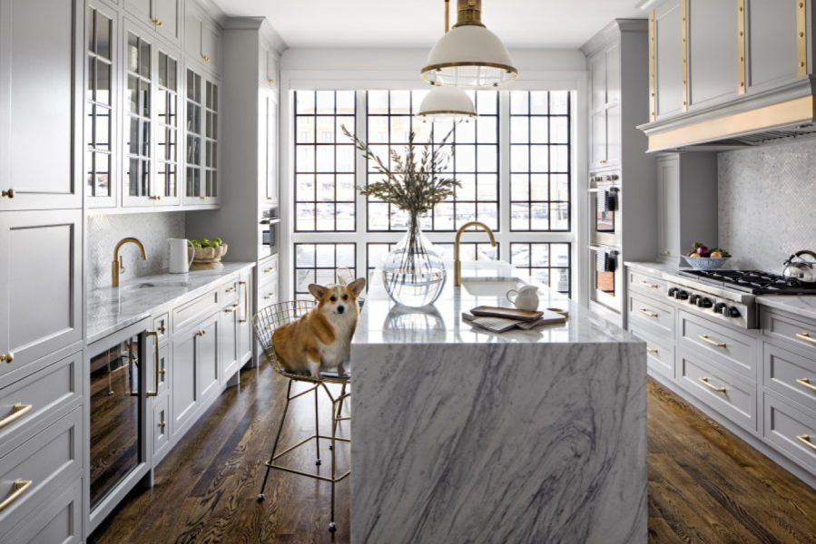 grey-kitchen-cabinets-marble-island