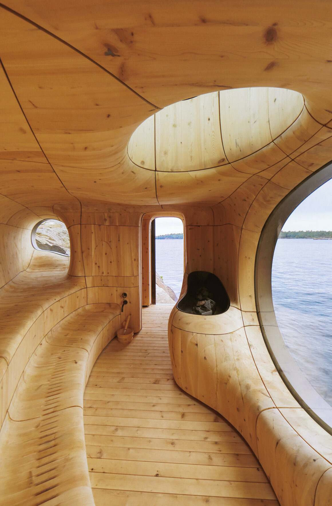Cave like wooden sauna interior